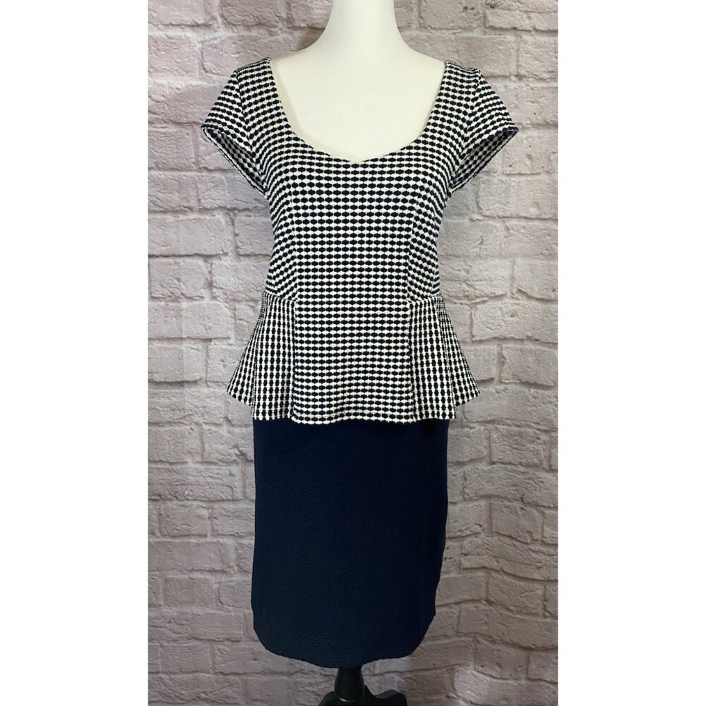 Anthropologie Postage Stamp Dress M Navy Ivory Stretch Peplum Art Deco Sheath 42